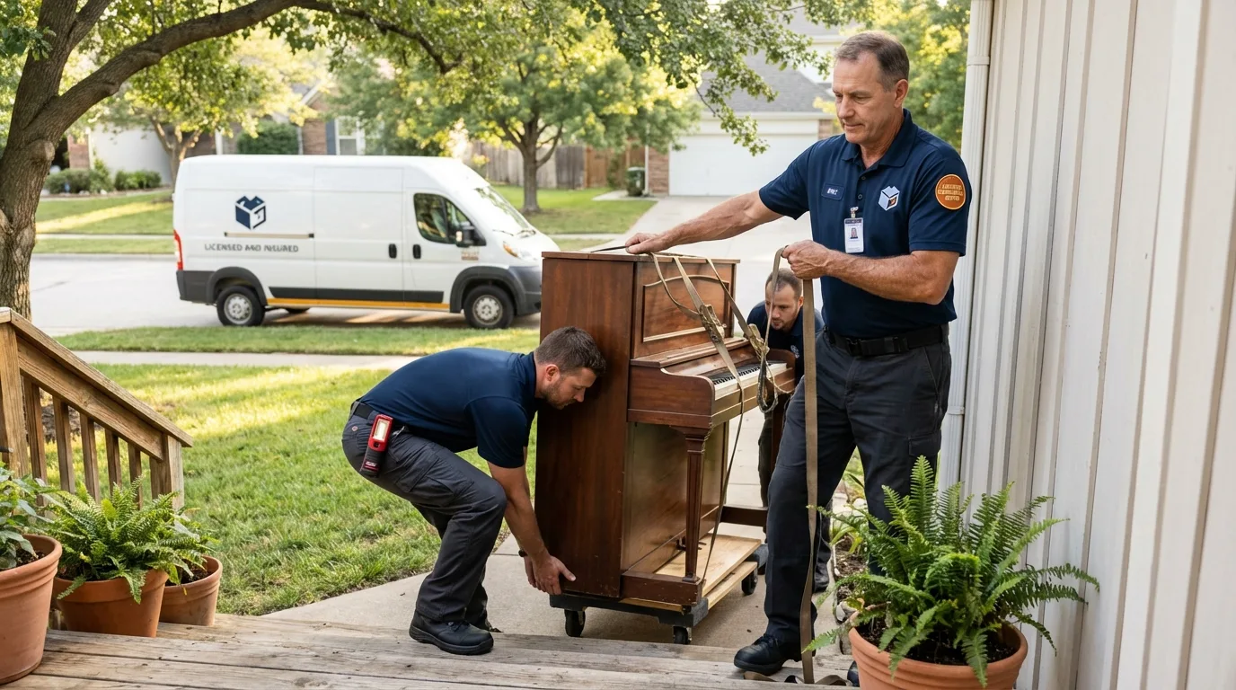 Licensed piano movers securing grand piano in Council, ID