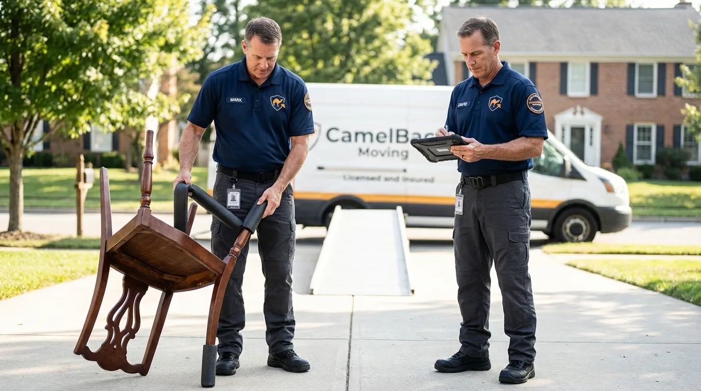 Movers inspecting furniture for damage prevention before loading in Council, ID