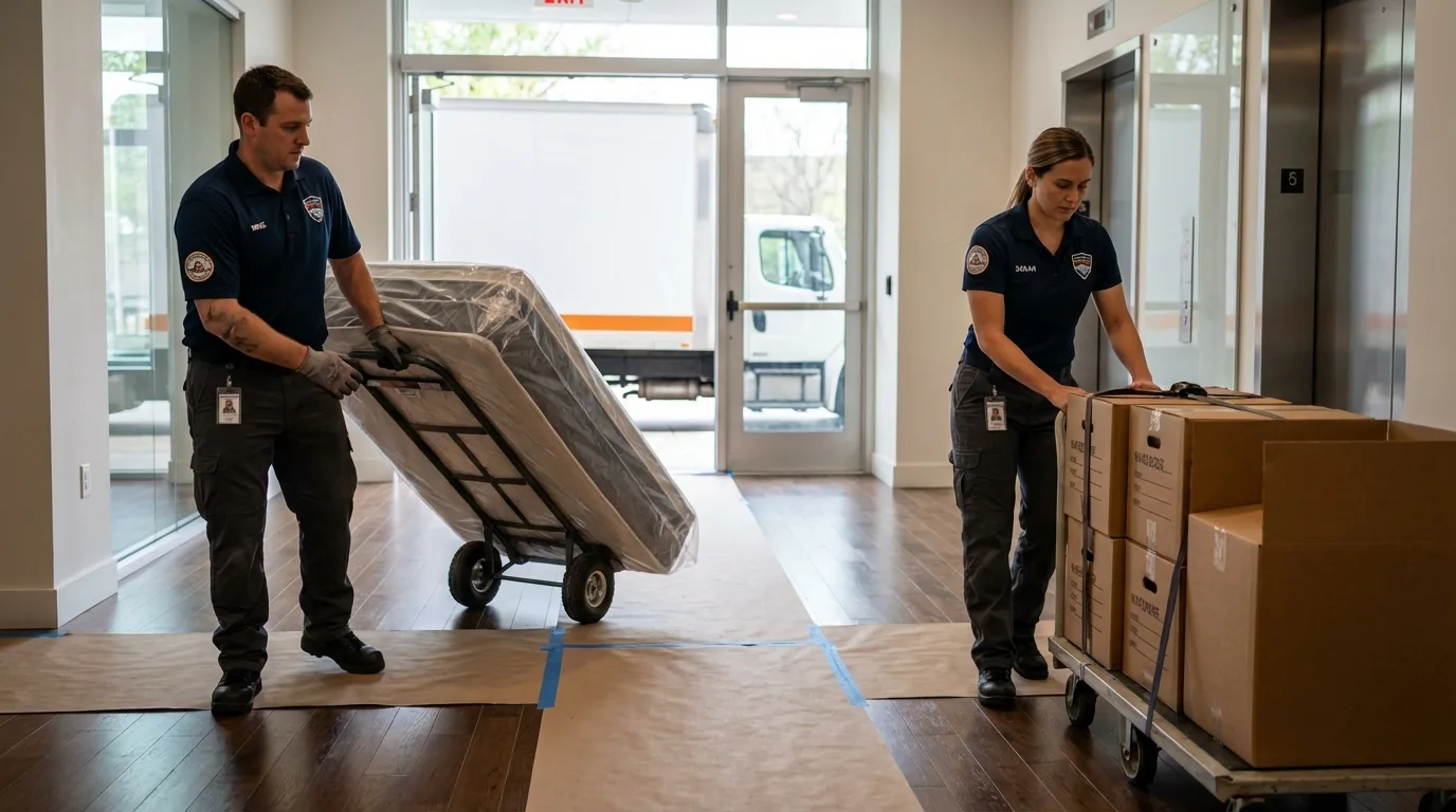 Professional apartment movers loading elevator in Council, ID